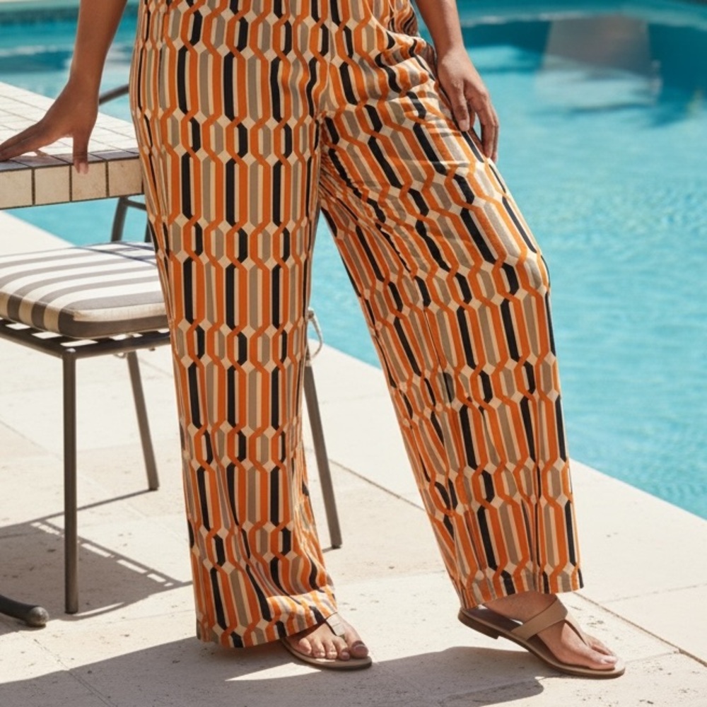 Du Jour Printed Geo Pant with Tie Waist Orange Size Large PETITE NWOT Wide Leg